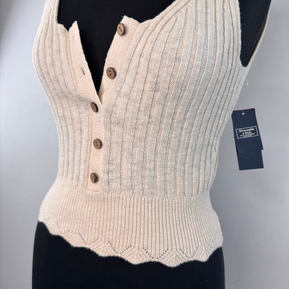 Abercrombie & Fitch Ivory Tank Top Cotton Ribbed Knit Scalloped Hem Medium M NEW - Picture 2 of 5